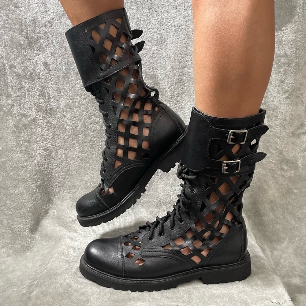 Black Laser Cut Caged Combat Boots EU 42 US 10 Faux Leather Lace Up Buckle